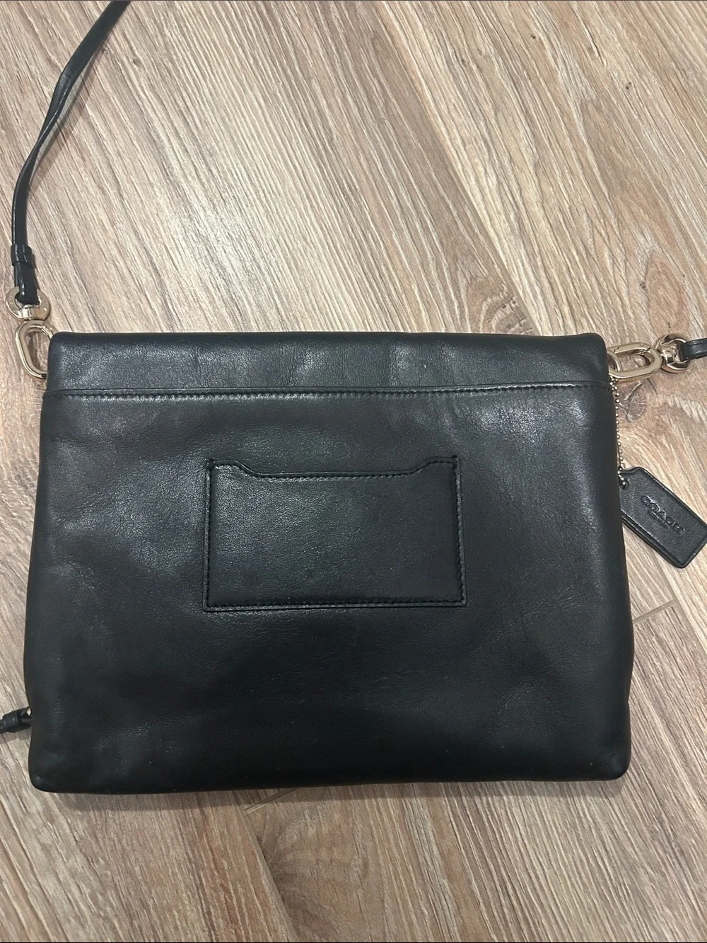 Coach Black Leather Fold-Over Crossbody with Gold Hardware